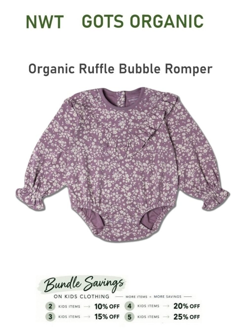 Organic Floral Print Ruffle Bubble Romper by MAKEMAKE ORGANICS size 6-12M